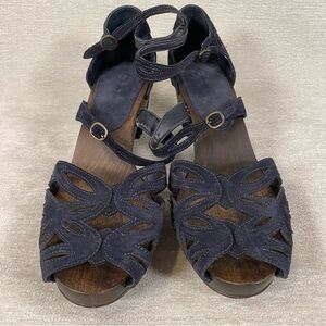 Billy Ella Navy Genuine Leather Sandal 3 Inch Heel Buckles Wooden Anthropologie